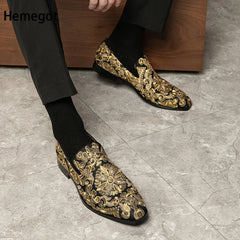 Men Gold Embroidery Loafers Round Toe Slip-On Flat Leisure Men Shoes