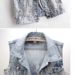 Denim Women Vest Luxury Pearl  Ripped  Jeans  Sleeveless Loose Short Coat