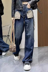 Straight-leg Jeans Women's High-waisted Slimming Loose-fit Bell Bottoms Pocket Outside Sewn