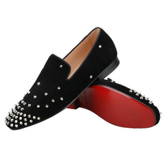 Black Cow Suede Slip-On Loafers With Handmade Silver Spikes