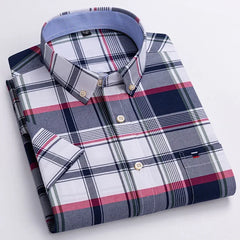 100% Pure Cotton  Oxford Short Sleeve Square Collar Solid Plaid Striped Shirt