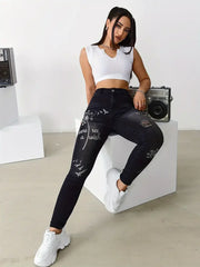High Waisted Stretch Trousers Slim Fit Jeans Print Flower Pattern Wide