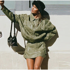 Locomotive Leather Jacket Skirts Vintage Lapel Zipper Pocket Overcoats Mini Skirt