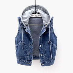 Hooded Vests Jean Short Waistcoat Large Size Cotton Zipper Denim Vest