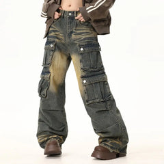 Street Personality Straight Tube Multi Pocket Work Clothes Jeans  Retro Pants