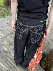 Vintage Embroidery Black Jeans Women