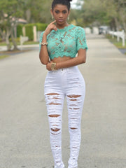 Designer Denim Waist Ripped Jeans