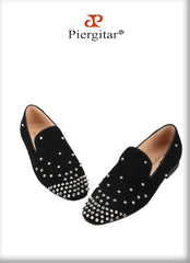 Black Cow Suede Slip-On Loafers With Handmade Silver Spikes