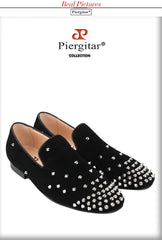 Black Cow Suede Slip-On Loafers With Handmade Silver Spikes