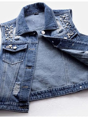 Denim Vest Luxury Pearls Fashion Ripped Autumn Jeans Jacket Sleeveless