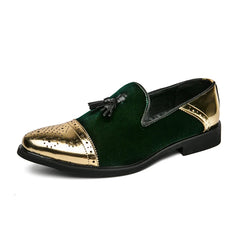 Mocassins noirs et verts faits à la main en cuir suédé