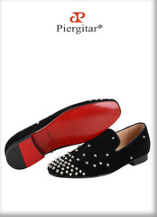 Black Cow Suede Slip-On Loafers With Handmade Silver Spikes