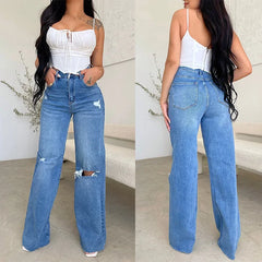 Long High Waist Ripped Frayed Comfortable Wide Leg Denim Pants