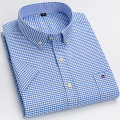 100% Pure Cotton  Oxford Short Sleeve Square Collar Solid Plaid Striped Shirt