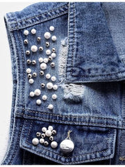 Denim Vest Luxury Pearls Fashion Ripped Autumn Jeans Jacket Sleeveless