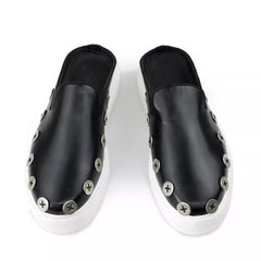 Genuine Leather Thick Sole Street Trendy Button Mule Shoes Slip on Loafers