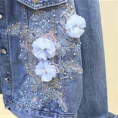 Embroidery Denim Short Jacket Applique Diamond Holes Coat