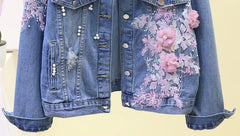 Embroidery Denim Short Jacket Applique Diamond Holes Coat