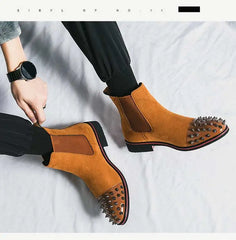 Handmade Chelsea Boots Flock Rivet Square Short Boots