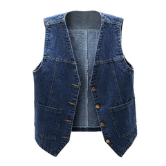 Sleeveless Denim Vest V Neck Button Jean Jacket Double Pocket
