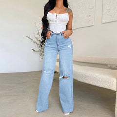 Long High Waist Ripped Frayed Comfortable Wide Leg Denim Pants