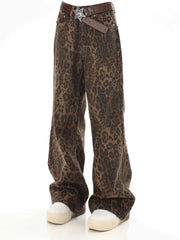 Baggy Leopard Print k Jeans Women High Waisted  Wide Leg Denim Pants