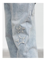 Embroidered Straight-leg Pants Button Pocket Washed Trousers