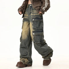 Street Personality Straight Tube Multi Pocket Work Clothes Jeans  Retro Pants