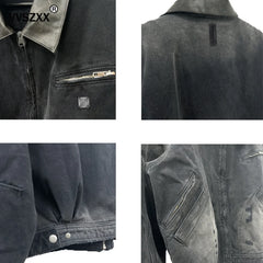 Heavy Duty Washed Vintage Leather Collar Jacket