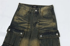 Street Personality Straight Tube Multi Pocket Work Clothes Jeans  Retro Pants