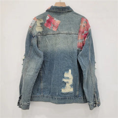 Handmade Lace Stitching Ripped Denim Coat American Style