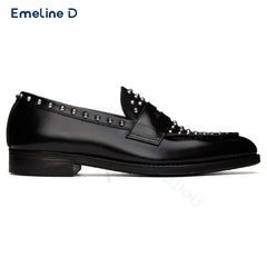 Personalized Studded Black Loafers Fashionable Slip-On Leather  Shoes