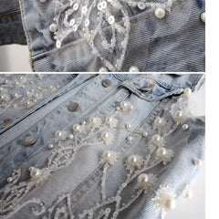 Denim Women Vest Luxury Pearl  Ripped  Jeans  Sleeveless Loose Short Coat