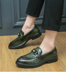 British Style New Emerald Pointed Leather Shoes Slip-On Loafer Black Hombre