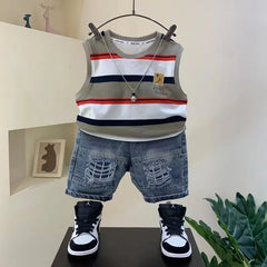 Striped Round Neck Pullover Cotton Sleeveless Shirt And Jeans Shorts 2pcs  Sport Suit