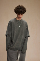 Dirty, dyed and worn fake two long-sleeved T-shirts