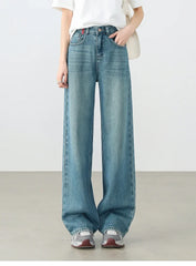 Cotton Jeans Pants Straight Vintage Denim High-waist Full-length Pockets Trousers