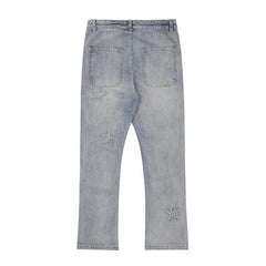 Embroidered Straight-leg Pants Button Pocket Washed Trousers