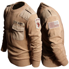 Military Sweater 100% Cotton Round Neck Tactical Knitted Pullover Vintage US Air Force Patch Casual Knitwear