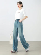 Cotton Jeans Pants Straight Vintage Denim High-waist Full-length Pockets Trousers