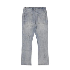 Embroidered Straight-leg Pants Button Pocket Washed Trousers