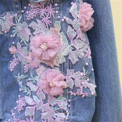 Embroidery Denim Short Jacket Applique Diamond Holes Coat