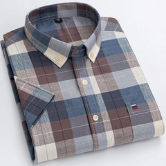100% Pure Cotton  Oxford Short Sleeve Square Collar Solid Plaid Striped Shirt
