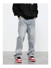 Embroidered Straight-leg Pants Button Pocket Washed Trousers