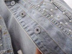 Denim Women Vest Luxury Pearl  Ripped  Jeans  Sleeveless Loose Short Coat