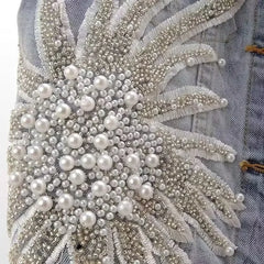 Denim Women Vest Luxury Pearl  Ripped  Jeans  Sleeveless Loose Short Coat