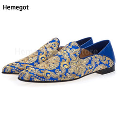 Men Gold Embroidery Loafers Round Toe Slip-On Flat Leisure Men Shoes