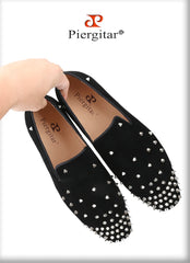 Black Cow Suede Slip-On Loafers With Handmade Silver Spikes