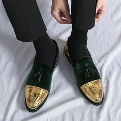 Mocassins noirs et verts faits à la main en cuir suédé