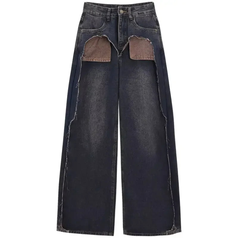 Straight-leg Jeans Women's High-waisted Slimming Loose-fit Bell Bottoms Pocket Outside Sewn